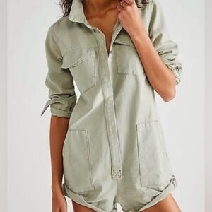 One Teaspoon Prophecy Romper Jumpsuit Light Green Khaki Small Long Sleeve Shorts